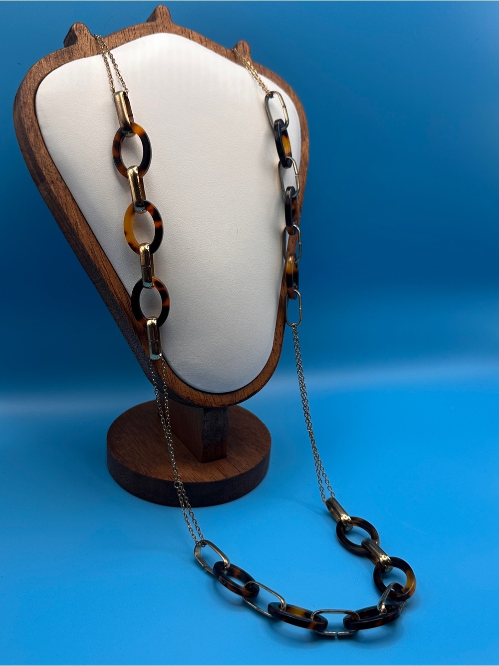 Long Faux Tortoise Shell Link Necklace Gold Tone Double Chain 34-37" Adjustable